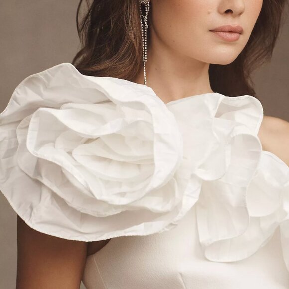 REBECCA VALLANCE CHLOE TAFFETA ONE-SHOULDER CREPE COLUMN GOWN- US 4 - Picture 4 of 8